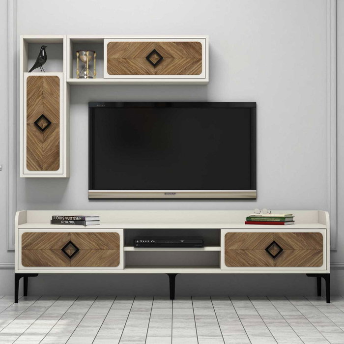 Hanah Home Samba Mueble para TV Nogal y Crema con Estantes de Pared